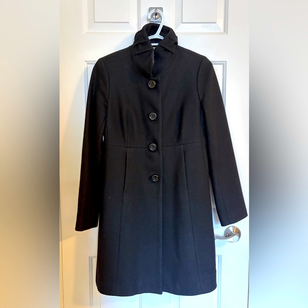 J. Crew Women's Black Ruffle Collar Single-Breasted Wool Coat